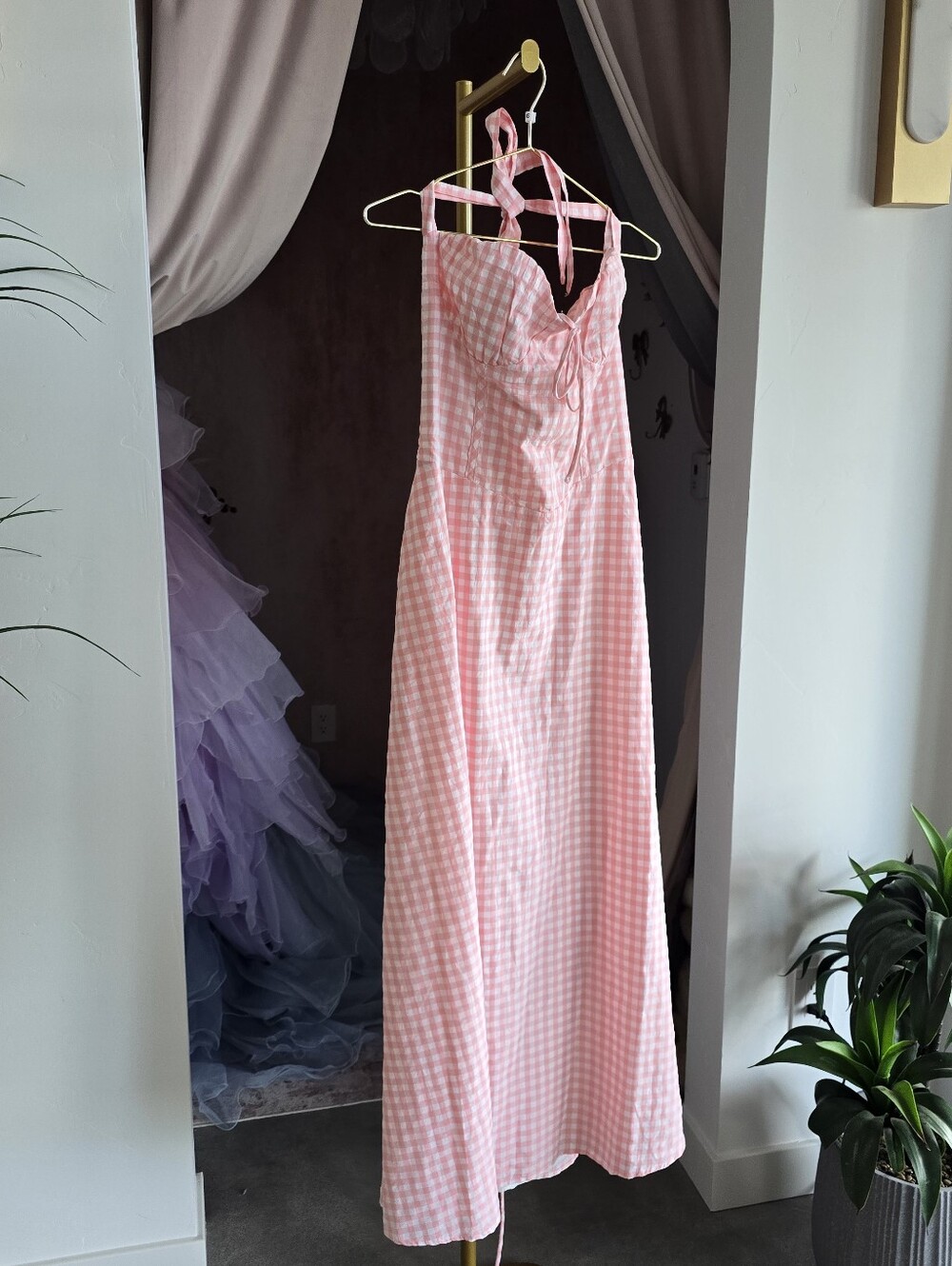 Pink Gingham Halter Maxi Dress